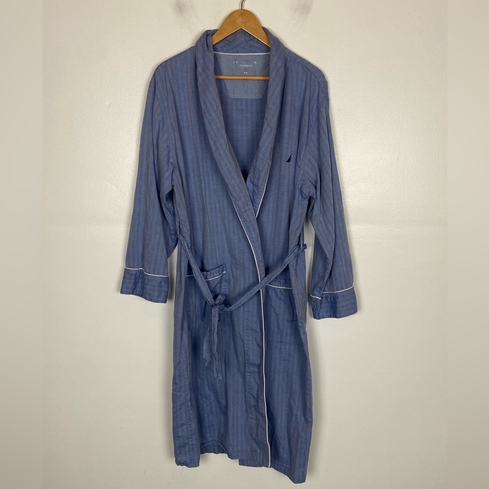 Nautica Sleepwear Women's Robe Long Sleeves Size L/XL Blue Front Pockets Cotton